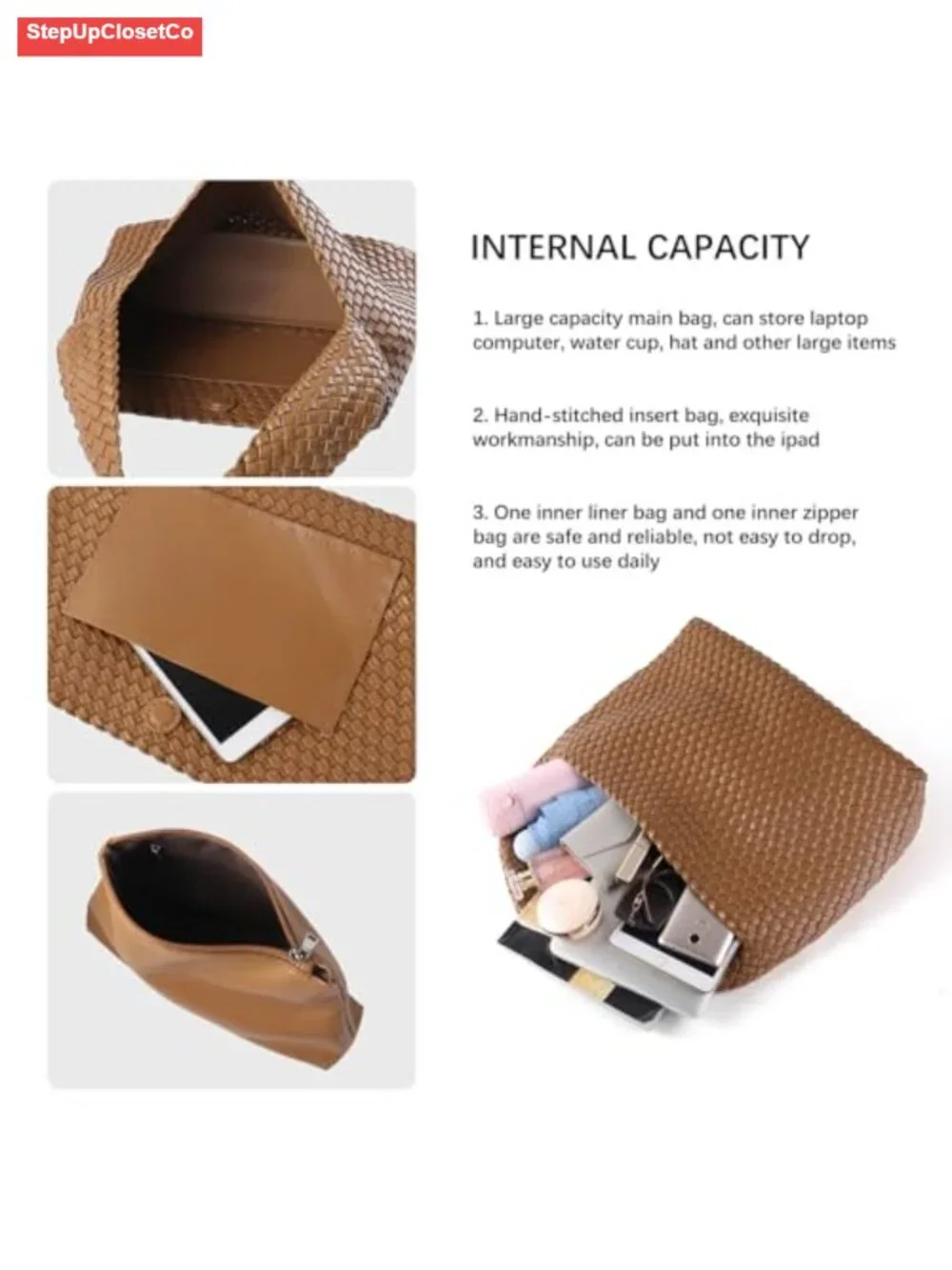 Vegan Leather Woven Hobo Tote Bag with Pouch, Wide Strap, Large Capacity